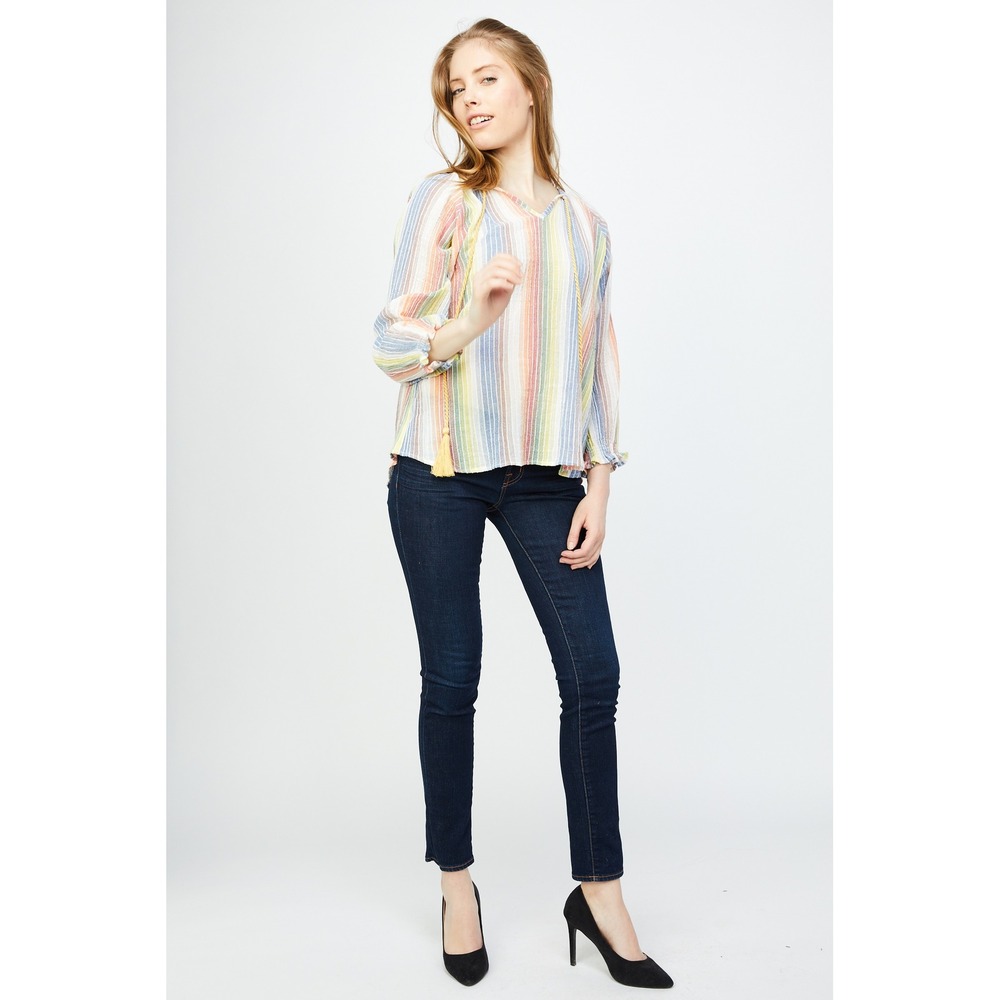 Anthropologie RD & KoKo Striped Blouse rayon blend bright color striped top M LS